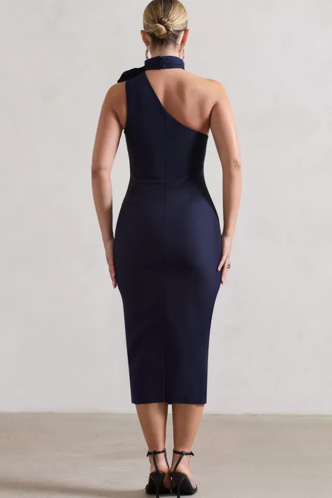 Club L London The Soiree | Bodycon Midi Dress With Ruffled Choker NAVY Outlet