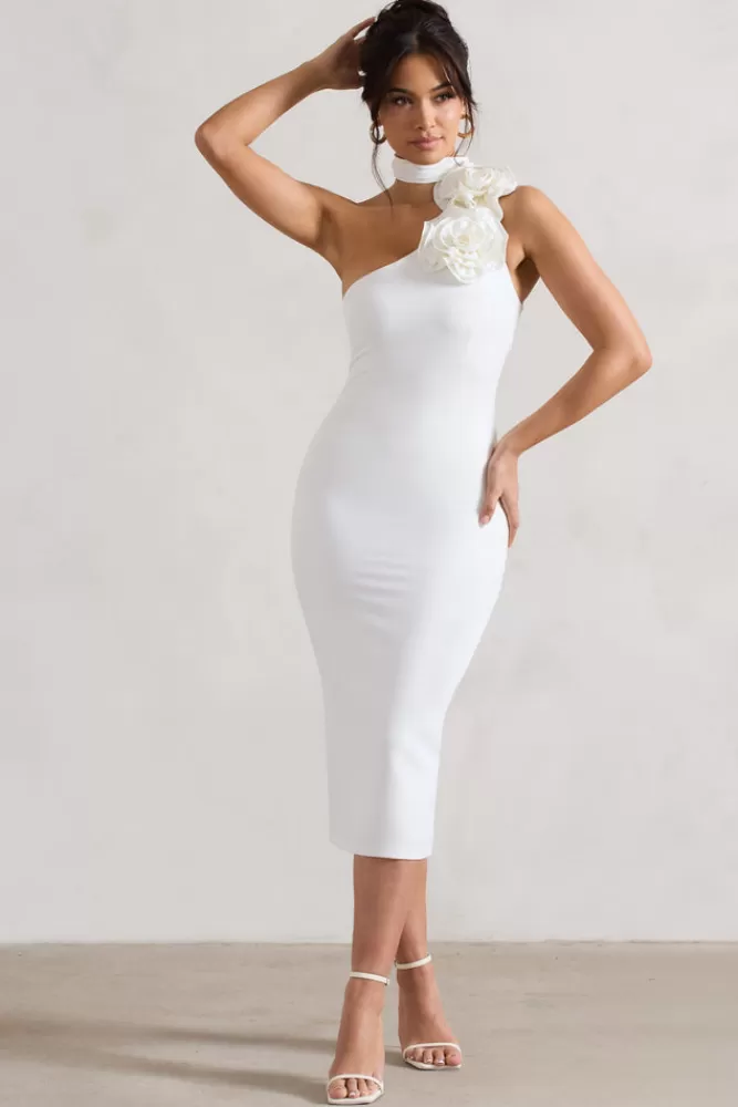 Club L London The Soiree | Bodycon Midi Dress With Ruffled Choker WHITE Cheap