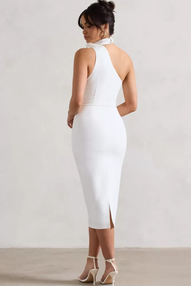 Club L London The Soiree | Bodycon Midi Dress With Ruffled Choker WHITE Cheap