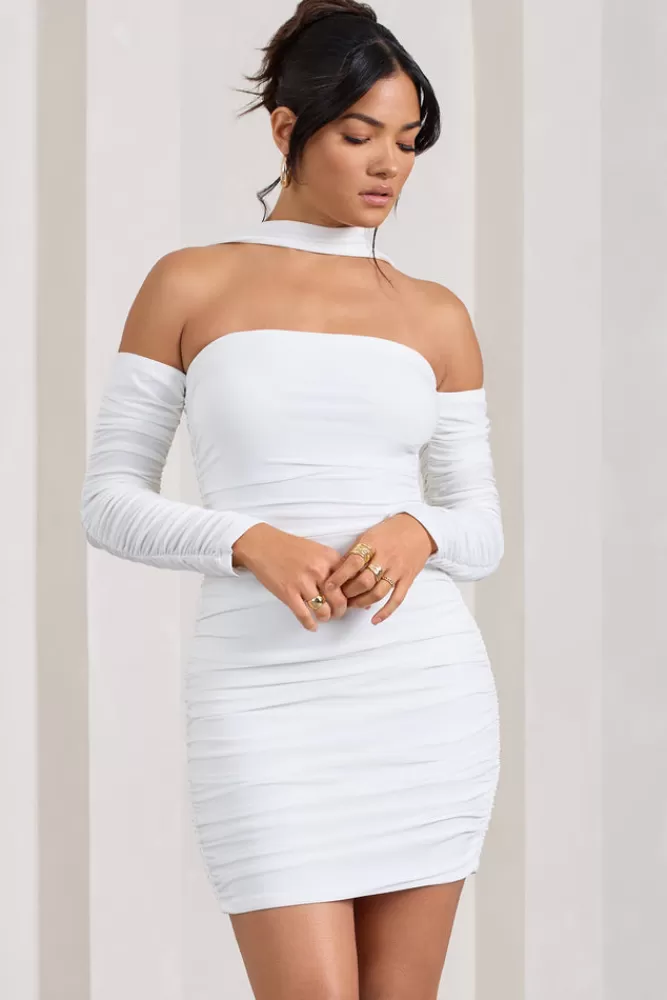 Club L London Thea | Ruched Long-Sleeved Bodycon Mini Dress With Halter Collar WHITE Discount