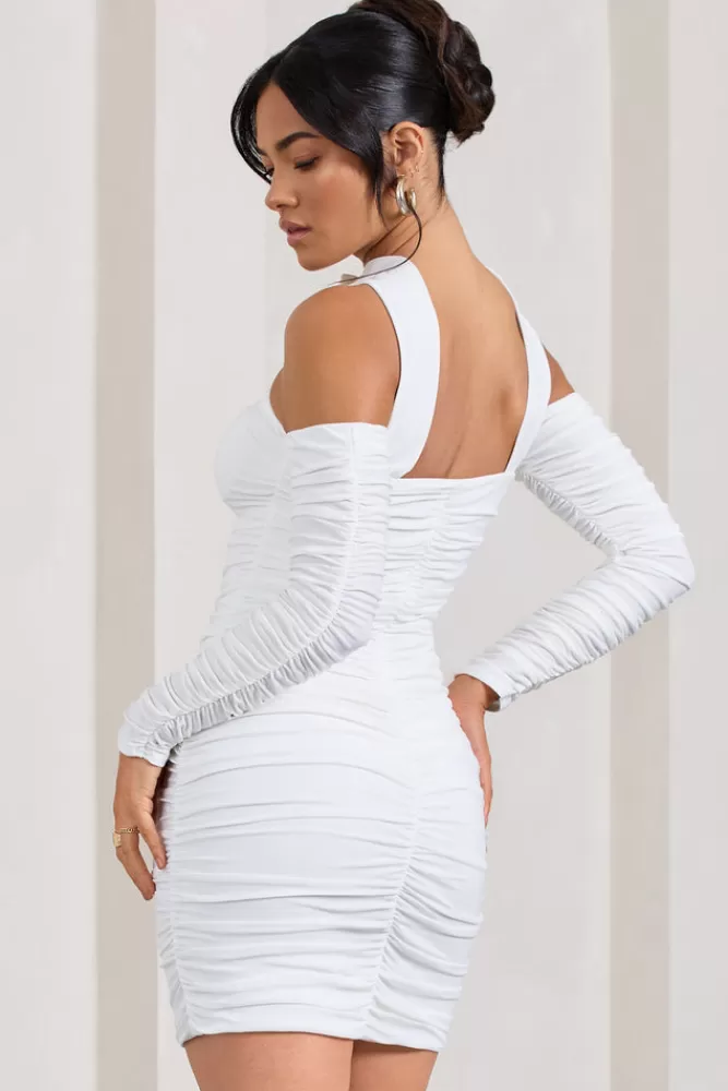 Club L London Thea | Ruched Long-Sleeved Bodycon Mini Dress With Halter Collar WHITE Discount