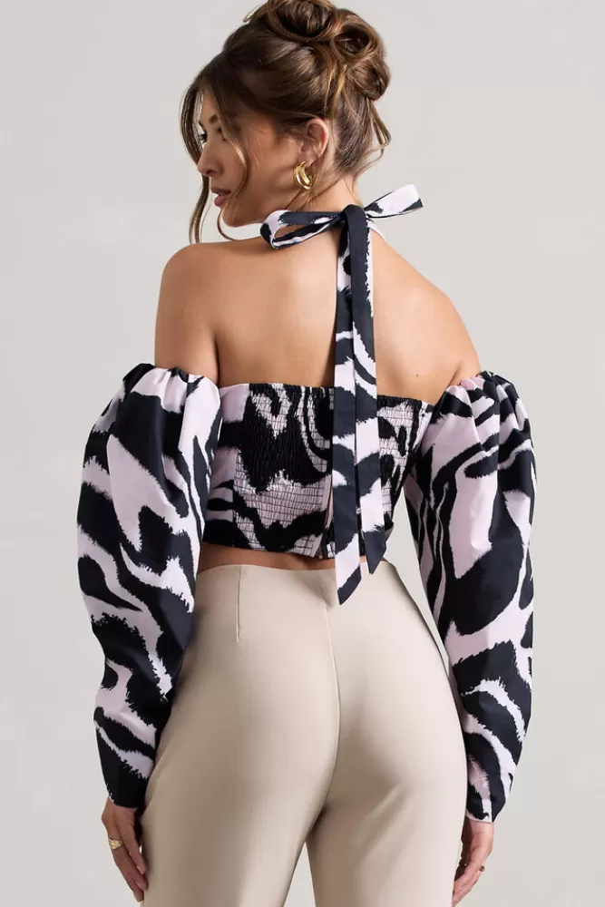 Club L London Theatric | Print Halter-Neck Corset Top With Puff-Sleeves ZEBRA Clearance