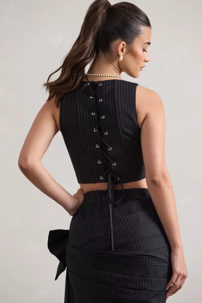 Club L London Think Again | Pinstripe Structured Corset Top NAVY Outlet