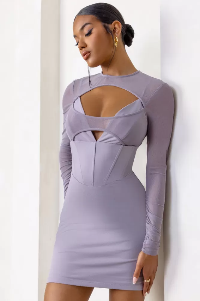 Club L London This Moment | High Neck Cut Out Mini Dress With Mesh Sleeves TAUPE Discount