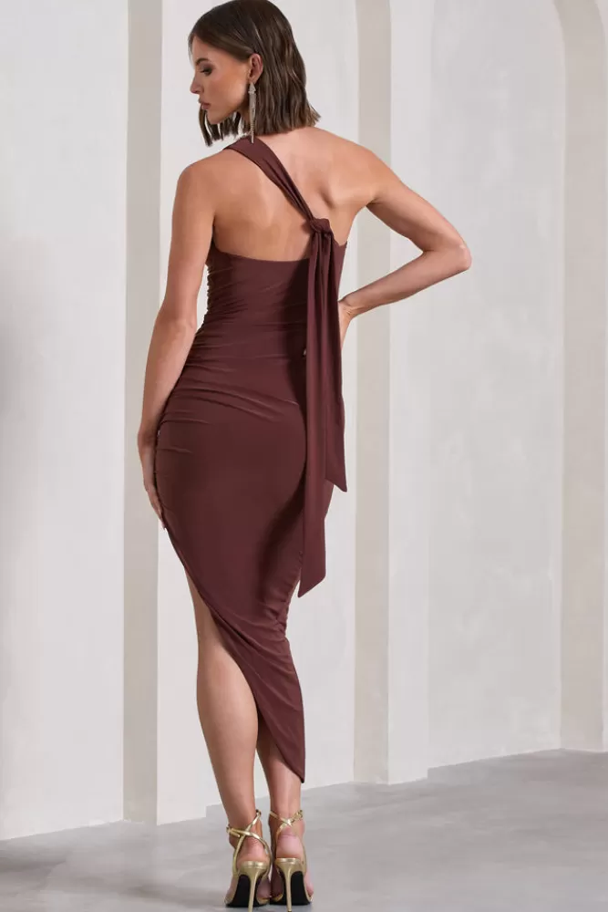 Club L London This Way | Chocolate Brown One Shoulder Ruched Asymmetric Open-Back Maxi Dress CHOCOLATEDRIZZLE Fashion
