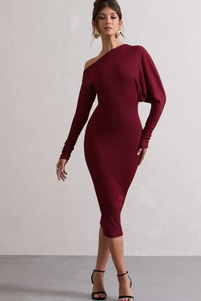 Club L London Thora | Rib Knit One-Shoulder Midi Dress BERRY Flash Sale