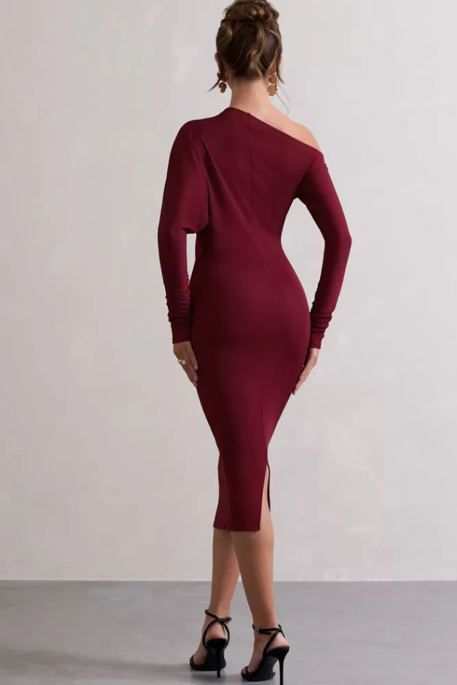 Club L London Thora | Rib Knit One-Shoulder Midi Dress BERRY Flash Sale