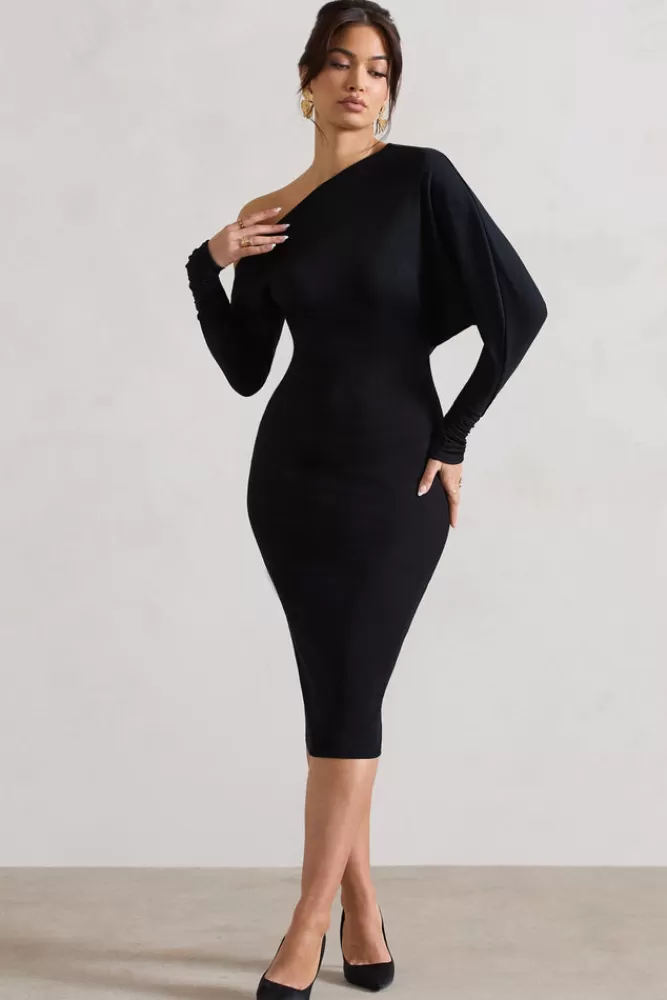 Club L London Thora | Rib Knit One-Shoulder Midi Dress BLACK Clearance