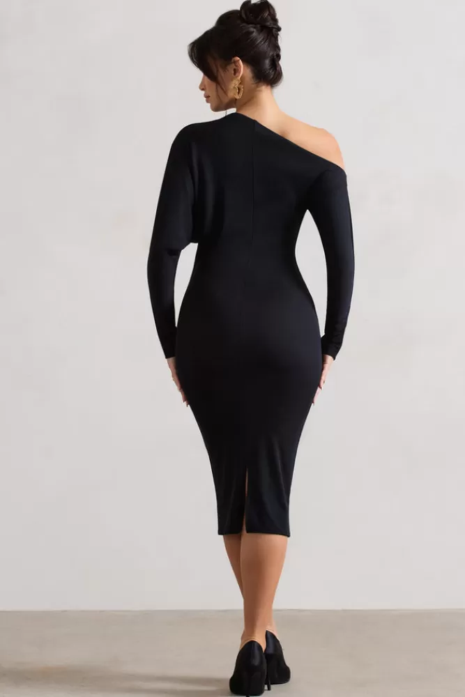 Club L London Thora | Rib Knit One-Shoulder Midi Dress BLACK Clearance