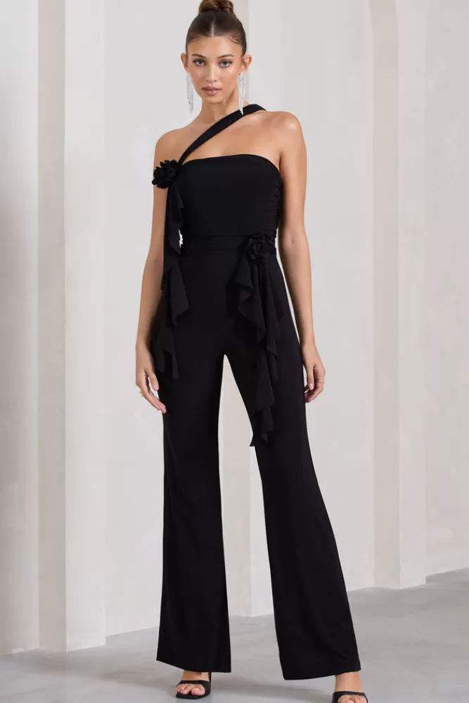 Club L London Tia | Asymmetric Sleeveless Flared-Leg Jumpsuit With Flowers BLACK Hot