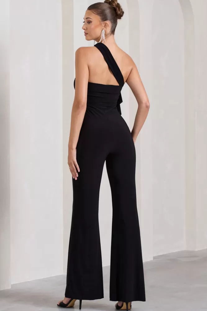 Club L London Tia | Asymmetric Sleeveless Flared-Leg Jumpsuit With Flowers BLACK Hot