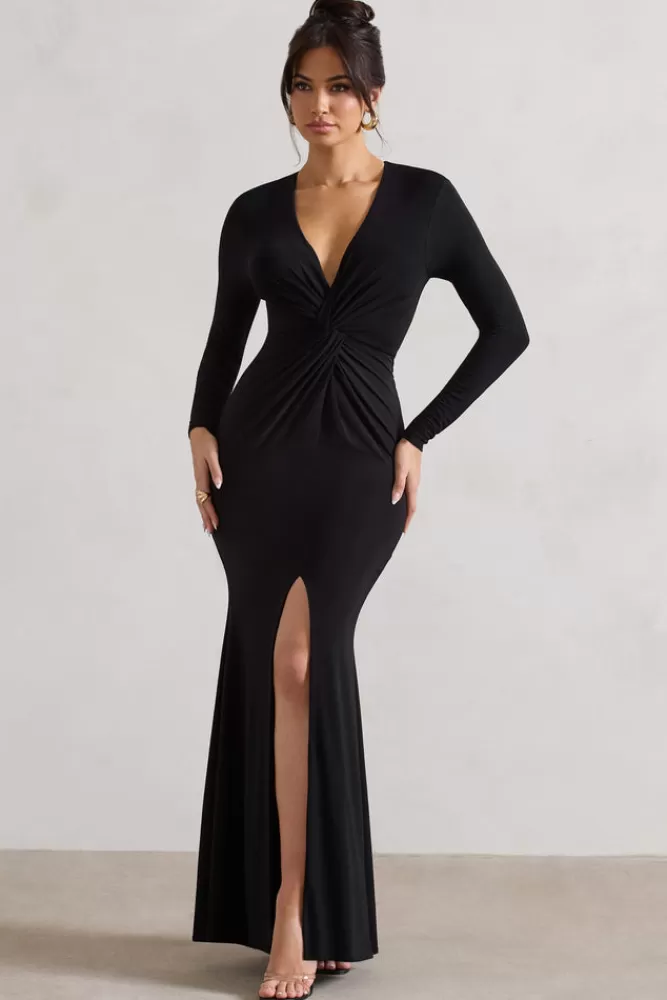 Club L London Tianna | Plunge-Neck Twisted Split Maxi Dress BLACK Hot