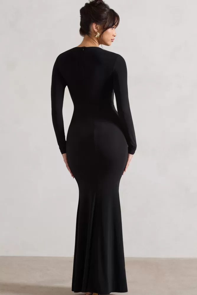 Club L London Tianna | Plunge-Neck Twisted Split Maxi Dress BLACK Hot