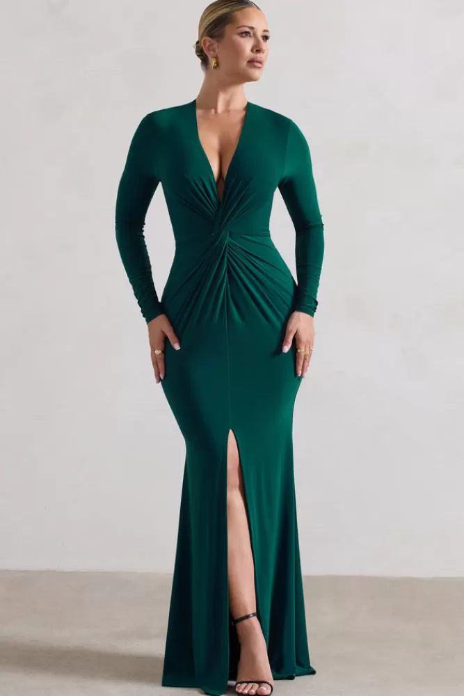 Club L London Tianna | Bottle Green Plunge-Neck Twisted Split Maxi Dress BOTTLEGREEN Cheap