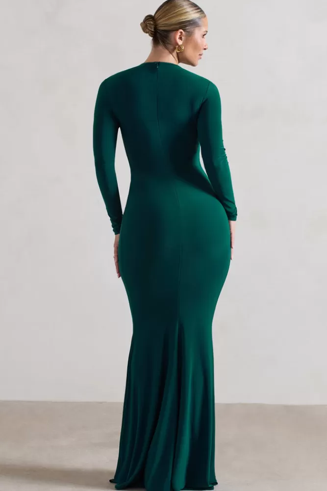 Club L London Tianna | Bottle Green Plunge-Neck Twisted Split Maxi Dress BOTTLEGREEN Cheap