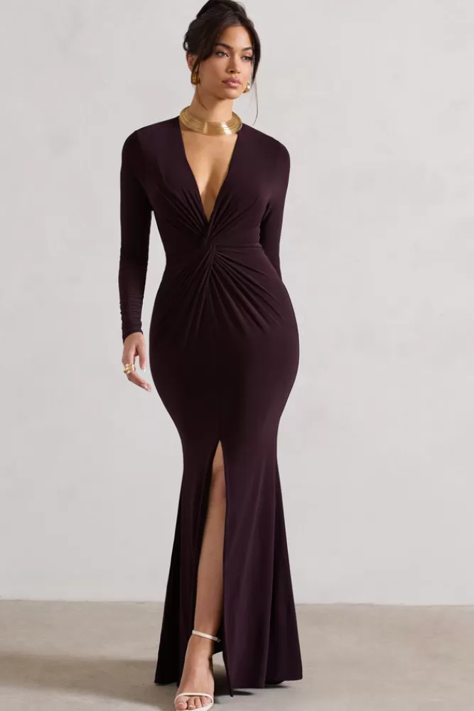 Club L London Tianna | Dark Plum Plunge-Neck Twisted Split Maxi Dress BLACKCURRENT Sale