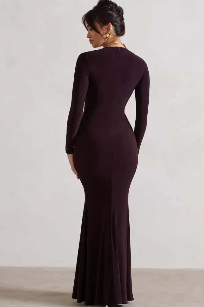 Club L London Tianna | Dark Plum Plunge-Neck Twisted Split Maxi Dress BLACKCURRENT Sale