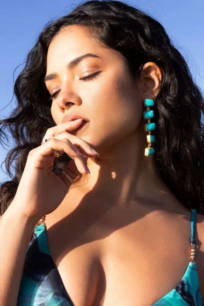 Club L London Tidal | Dangle Earrings With Turquoise Stones GOLD Flash Sale