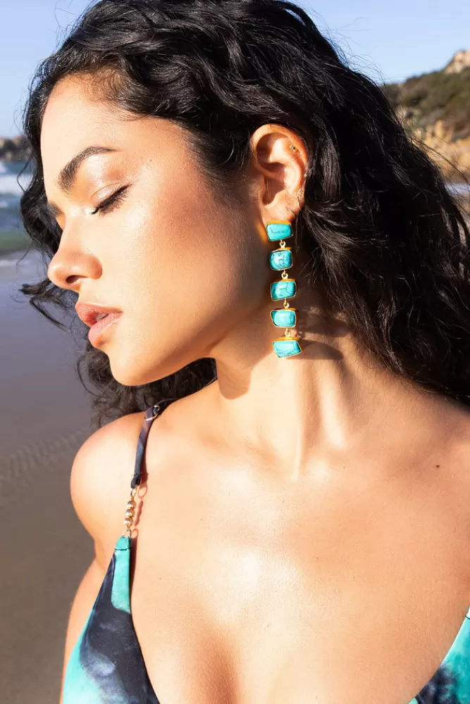 Club L London Tidal | Dangle Earrings With Turquoise Stones GOLD Flash Sale