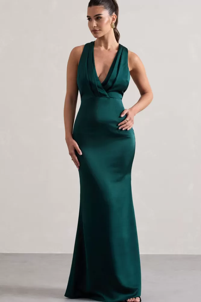 Club L London Tiffany | Bottle Green Satin Plunge-Neck Maxi Dress BOTTLEGREEN Fashion