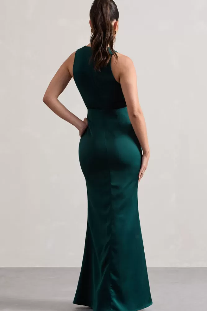 Club L London Tiffany | Bottle Green Satin Plunge-Neck Maxi Dress BOTTLEGREEN Fashion