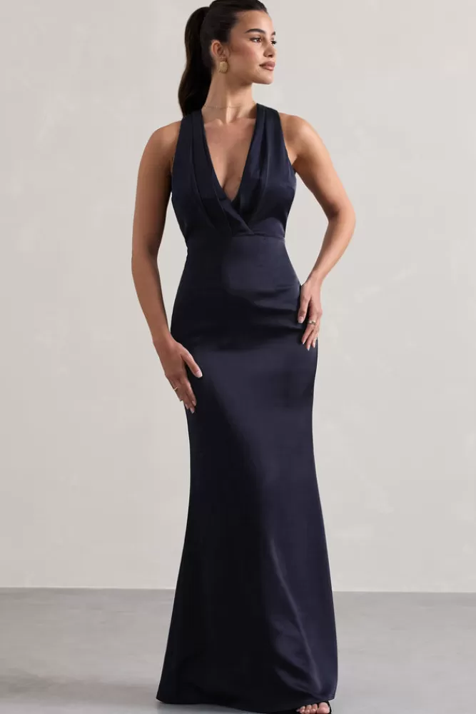 Club L London Tiffany | Satin Plunge-Neck Maxi Dress NAVY Discount