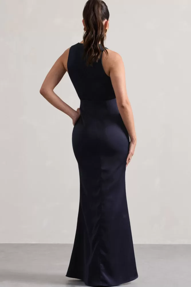 Club L London Tiffany | Satin Plunge-Neck Maxi Dress NAVY Discount