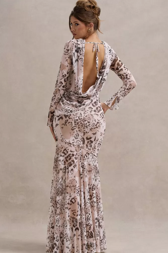 Club L London Tigerlily | Print Mesh Long-Sleeve Open-Back Maxi Dress LEOPARD Clearance