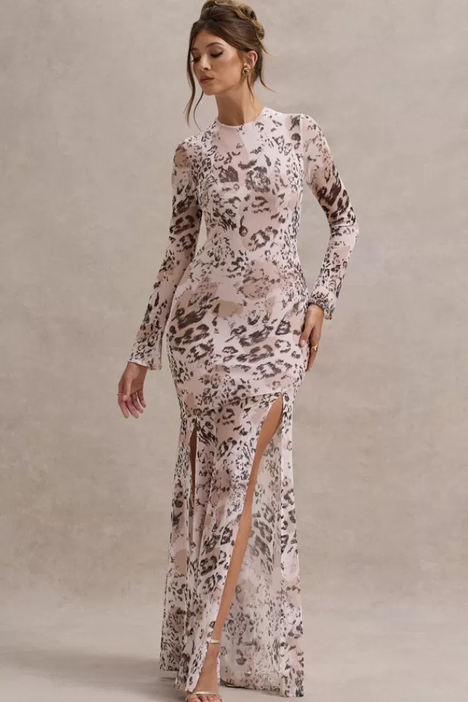 Club L London Tigerlily | Print Mesh Long-Sleeve Open-Back Maxi Dress LEOPARD Clearance