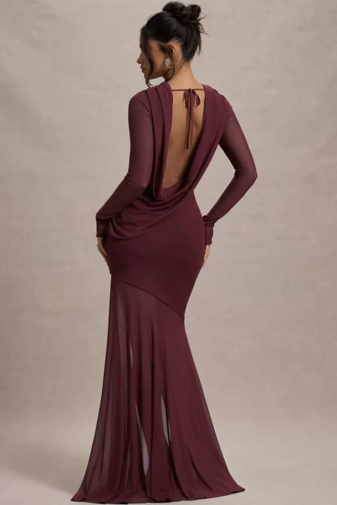 Club L London Tigerlily | Port Mesh Long-Sleeve Open-Back Maxi Dress DARKCHERRY Online