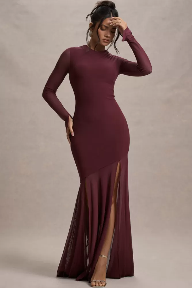 Club L London Tigerlily | Port Mesh Long-Sleeve Open-Back Maxi Dress DARKCHERRY Online