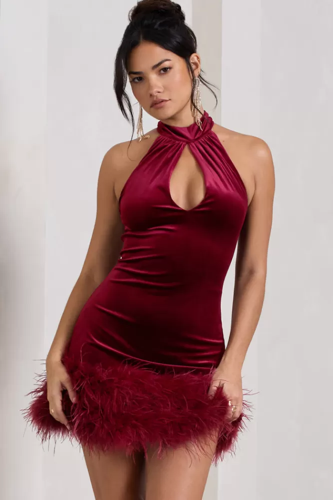 Club L London Tillie | Velvet High Neck Trapeze Mini Dress With Feather Hem Detail BERRY Discount