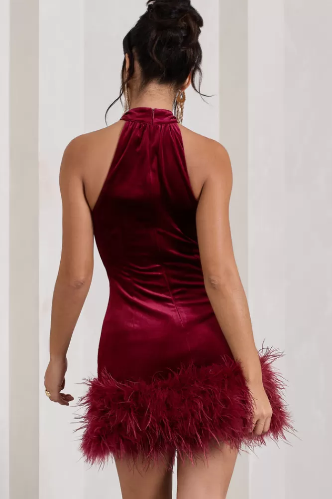 Club L London Tillie | Velvet High Neck Trapeze Mini Dress With Feather Hem Detail BERRY Discount