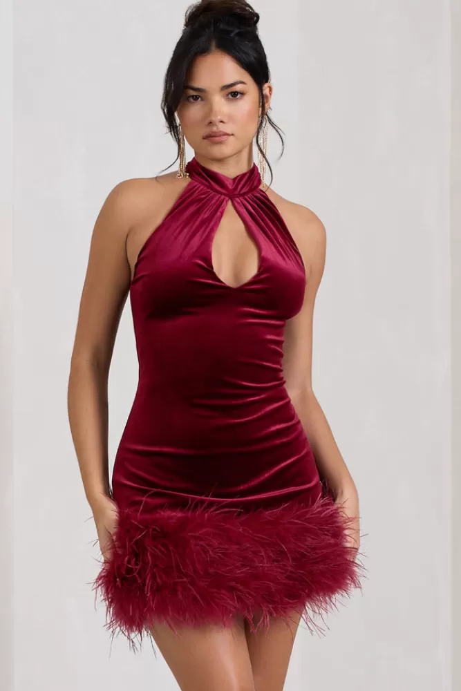 Club L London Tillie | Velvet High Neck Trapeze Mini Dress With Feather Hem Detail BERRY Discount