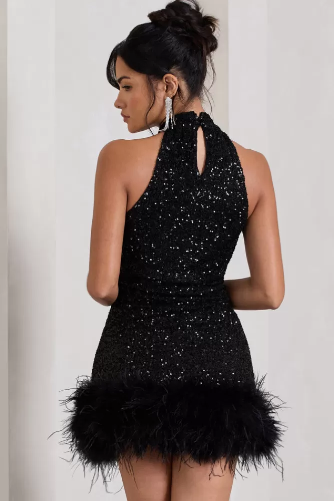 Club L London Tillie | Sequin High Neck Trapeze Mini Dress With Feather Hem Detail BLACK Flash Sale