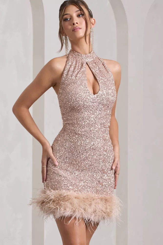 Club L London Tillie | Sequin High Neck Trapeze Mini Dress With Feather Hem Detail CHAMPAGNE Outlet