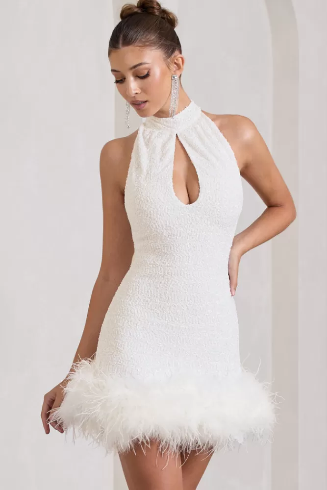 Club L London Tillie | Sequin High Neck Trapeze Mini Dress With Feather Hem Detail WHITE Cheap