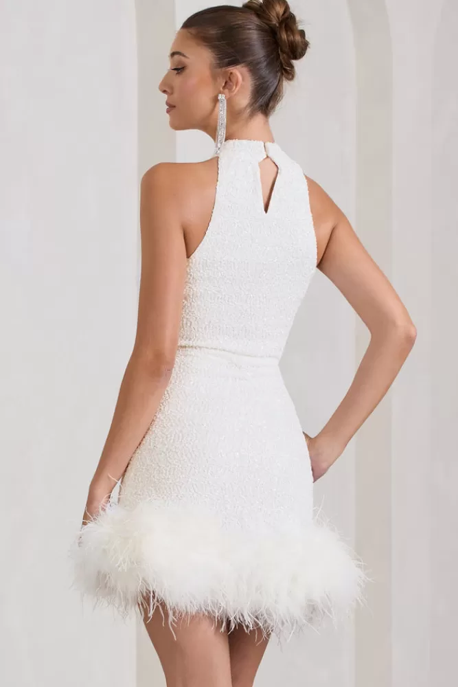 Club L London Tillie | Sequin High Neck Trapeze Mini Dress With Feather Hem Detail WHITE Cheap