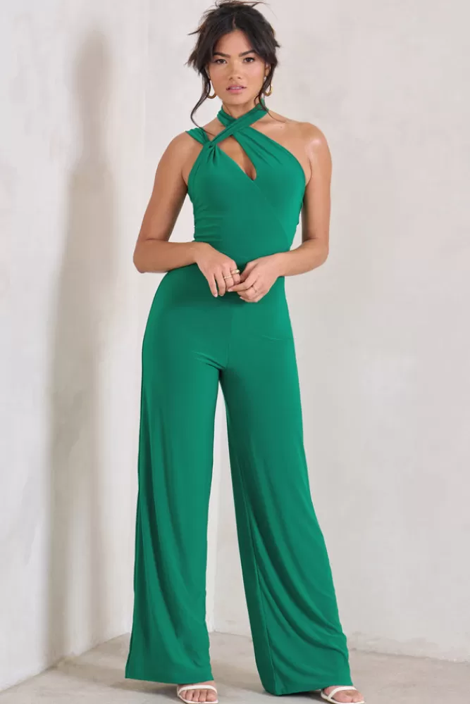 Club L London Tilly | Green Cut Out Halterneck Asymmetrical Jumpsuit EMERALD Clearance