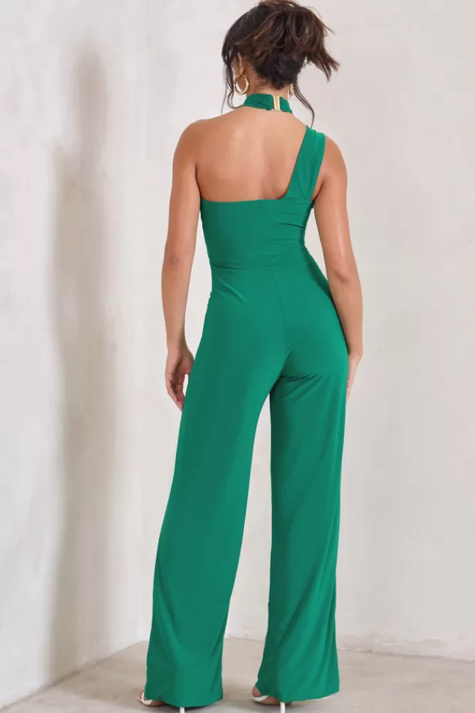 Club L London Tilly | Green Cut Out Halterneck Asymmetrical Jumpsuit EMERALD Clearance