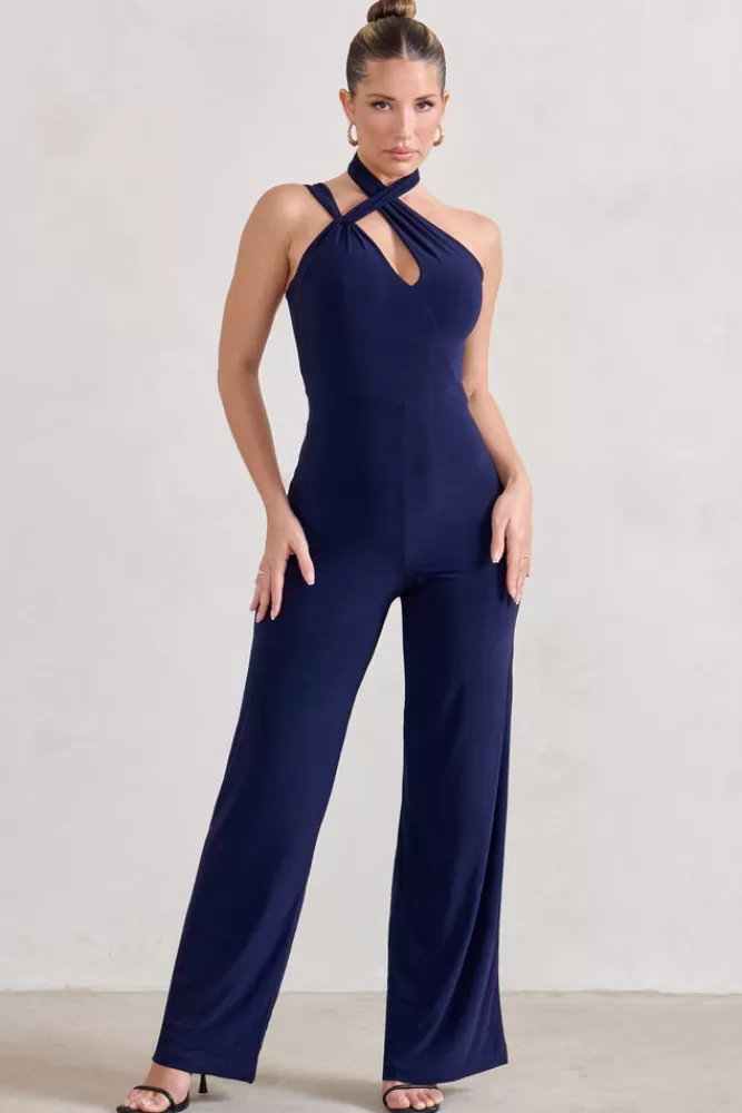 Club L London Tilly | Cut Out Halterneck Asymmetrical Jumpsuit NAVY Cheap