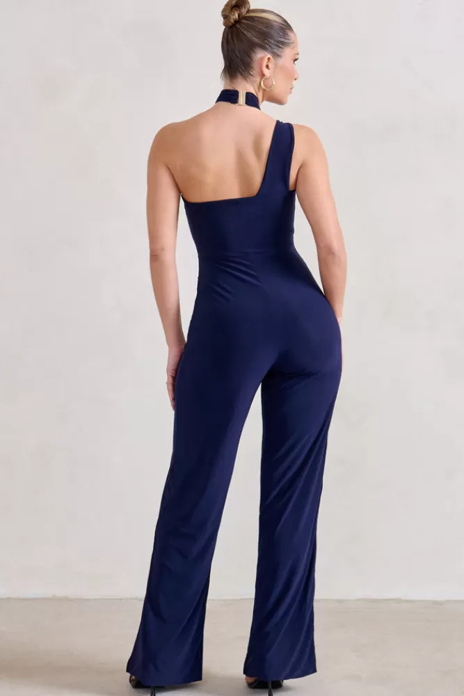 Club L London Tilly | Cut Out Halterneck Asymmetrical Jumpsuit NAVY Cheap