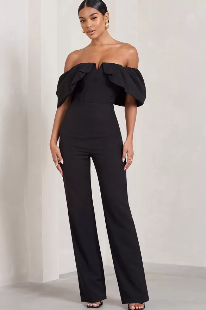 Club L London Time Will Tell | Off The Shoulder Wide Leg Jumpsuit BLACK Cheap
