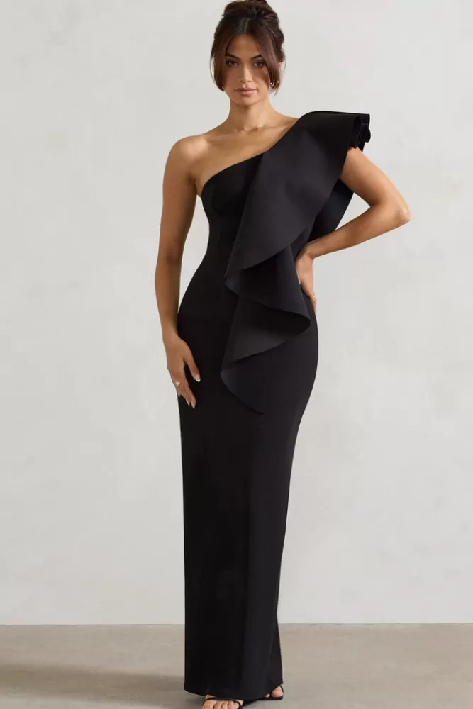 Club L London Timeless Love | Asymmetric Draped Ruffle Maxi Dress BLACK Flash Sale