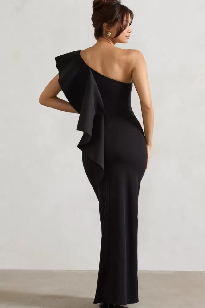 Club L London Timeless Love | Asymmetric Draped Ruffle Maxi Dress BLACK Flash Sale