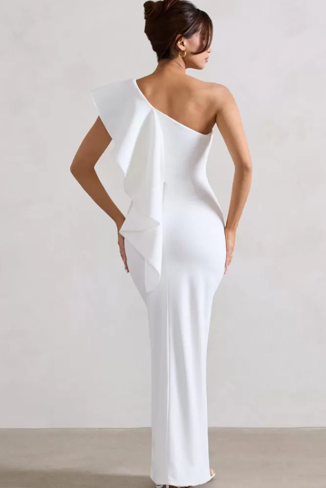 Club L London Timeless Love | Asymmetric Draped Ruffle Maxi Dress WHITE Sale