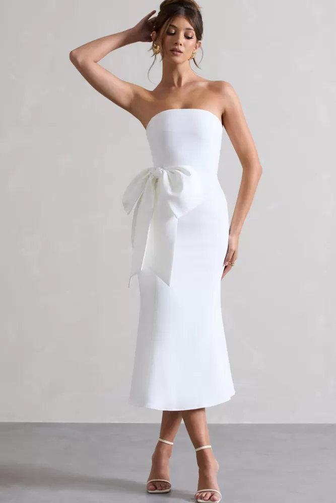 Club L London To Me | Bandeau Midi Dress With Oversized Bow WHITE New