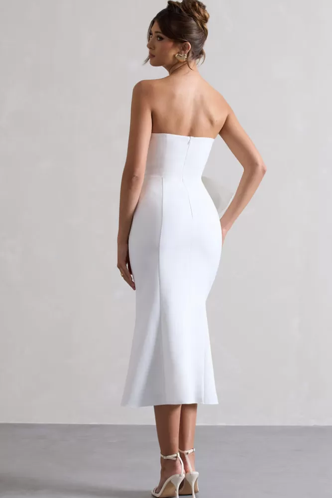 Club L London To Me | Bandeau Midi Dress With Oversized Bow WHITE New