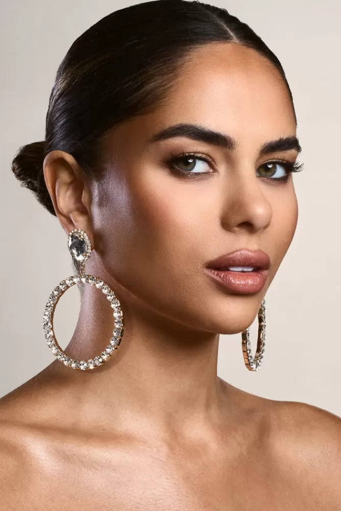 Club L London To Present | Diamante Drop Hoop Earrings GOLD Sale