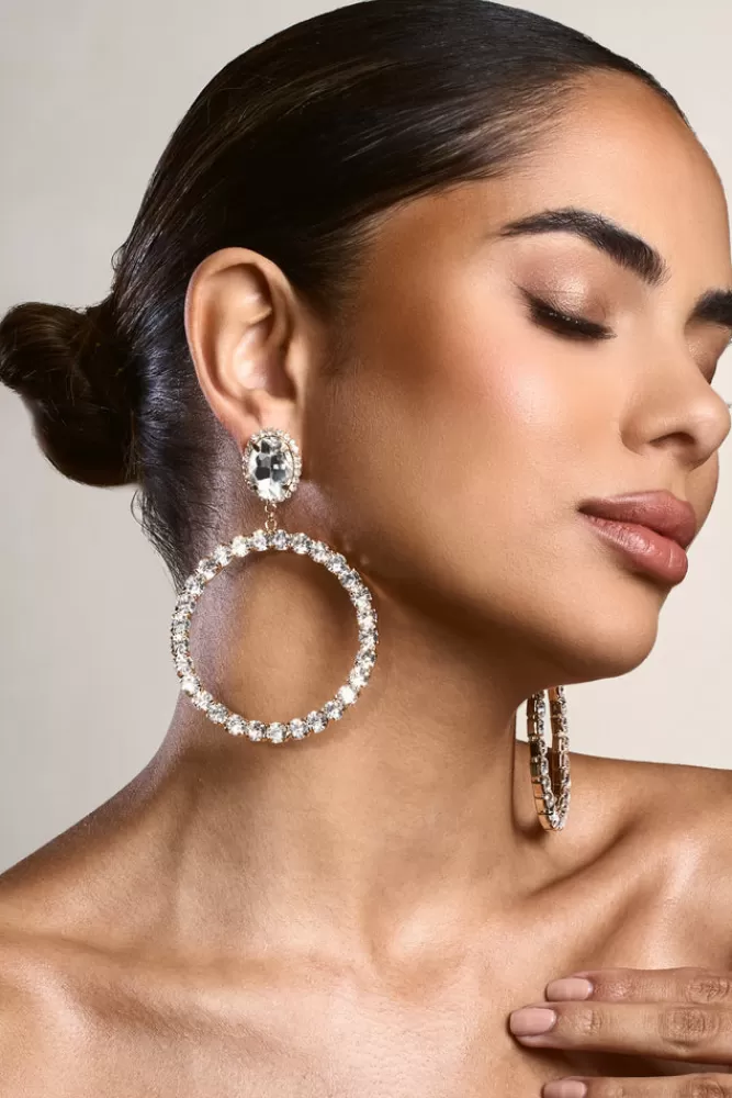 Club L London To Present | Diamante Drop Hoop Earrings GOLD Sale